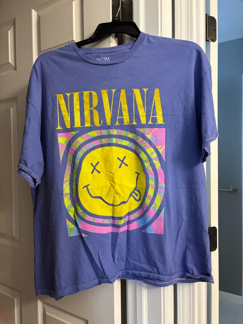 NIRVANA Purple Tee with Yellow Smiley and Neon Accents